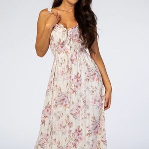 Cream Floral Shimmer Lace-Up Maxi Dress